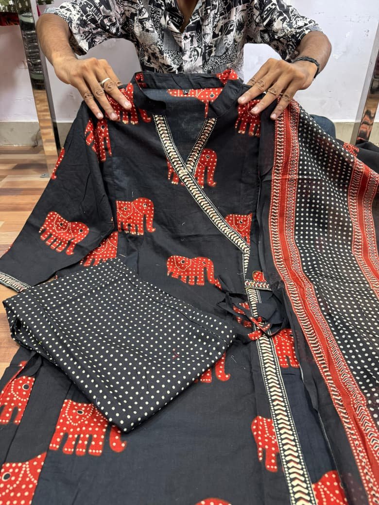 Handwork Cotton Kurti Pant Dupatta Set